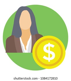 
A man with dollar coin, businessman concept flat vector icon
