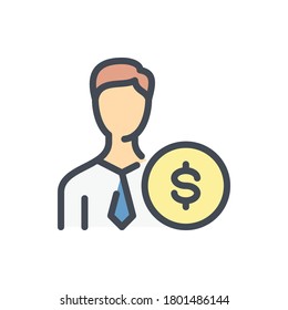 Man with Dollar Coin color line icon. Salary and Investor vector outline colorful sign.