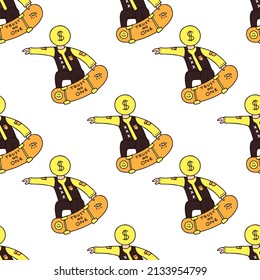 Man with dollar coin head riding skateboard, seamless pattern background illustration for t-shirt, sticker, or apparel merchandise. With doodle, retro, and cartoon style.
