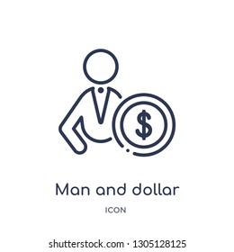 man and dollar coin icon from productivity outline collection. Thin line man and dollar coin icon isolated on white background.