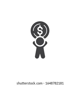 Hombre con un icono vectorial de moneda en dólares. signo plano relleno para concepto móvil y diseño web. Icono de Glifo de Ganar y Salvar Dinero. Símbolo de cambio de moneda, ilustración del logotipo. Gráficos vectoriales