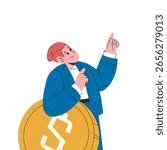Man and dollar coin. Vector money dream illustration. Financial ambition and success goal, prosperity and wealth, rich motivation. Bank investment symbol. Cash earning and personal income. Finance.