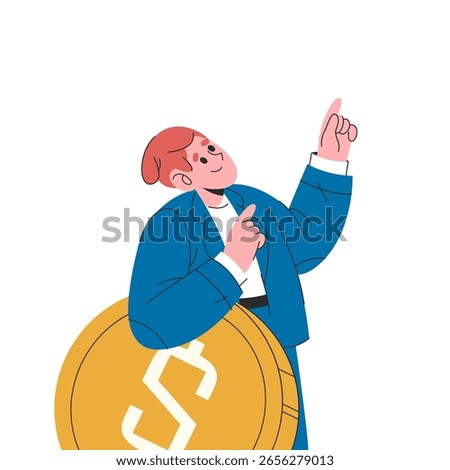 Man and dollar coin. Vector money dream illustration. Financial ambition and success goal, prosperity and wealth, rich motivation. Bank investment symbol. Cash earning and personal income. Finance.