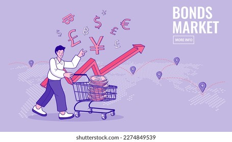 Man with dollar gold coins in shopping cart or trolley. Bargain business deal for buyer and seller. best price shopping. stock for investor or consumer and marketing concept. Vector illustration.