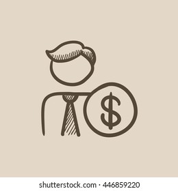 Hombre con un icono de esbozo vectorial en dólares aislado en segundo plano. Hombre dibujado a mano con icono del dólar. Hombre con un icono de esbozo en dólares para infografía, sitio web o aplicación.