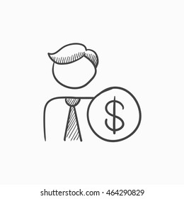 Hombre con un icono de esbozo vectorial en dólares aislado en segundo plano. Hombre dibujado a mano con icono del dólar. Hombre con un icono de esbozo en dólares para infografía, sitio web o aplicación.