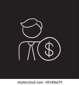 Hombre con un icono de esbozo vectorial en dólares aislado en segundo plano. Hombre dibujado a mano con icono del dólar. Hombre con un icono de esbozo en dólares para infografía, sitio web o aplicación.