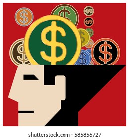 The man with dollars in his head.
Abstract image of the human head in profile and metallic currency with the symbols.