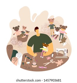 A man in the dolls making process. Busy sewing man in his workshop in a modern flat style. Illustartion for themed clubs, magazine articles. Illustration about men occupied in habitual female hobbies