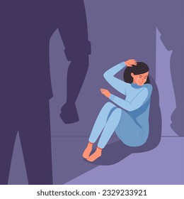 Man domestic violence. Woman abuse concept, aggressive abusing shadow silhouette violently assault scared despairing girl victim family couple bullying problem vector illustration of violence woman