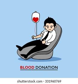 A Man Donate Blood For Helping Human, Blood Donation Vector Illustration Design, Cartoon Character Hand Drawn