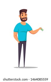 Man donating money flat vector illustration. Male cartoon character putting banknote.