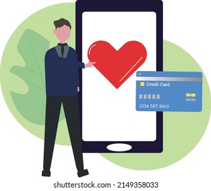 Man donating money on mobile phone. Online donation, support and volunteers work concept. credit card and heart icons. Vector illustration