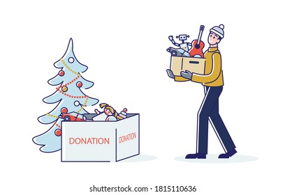 Hombre donando juguetes para un evento de caridad navideña. Hombre de caricatura sosteniendo una caja con juguetes para niños regalos de Navidad. Concepto de asistencia y donación de personas. Ilustración vectorial lineal