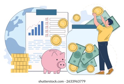 Homem com doações. Jovem com notas e moedas perto de mealheiro e pote de vidro. Generosidade e bondade, caridade. Funcionário de fundação de caridade. Ilustração de vetor linear