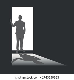 Man at the door black/white vector illustration