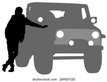 Man at door of car on a white background