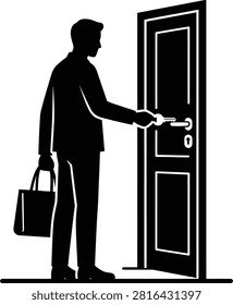 Man, door, key, entering, silhouette, security.