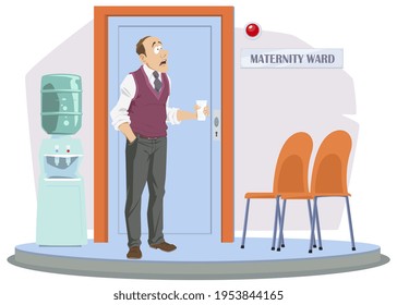 Man At Door Of Medical Facility. Maternity Ward. Healthcare And Medicine. Illustration Concept For Mobile Website And Internet Development.