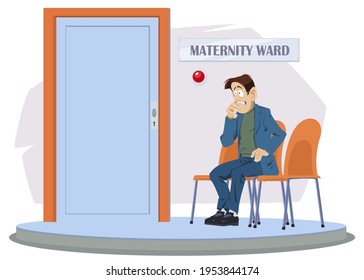 Man At Door Of Medical Facility. Maternity Ward. Healthcare And Medicine. Illustration Concept For Mobile Website And Internet Development.