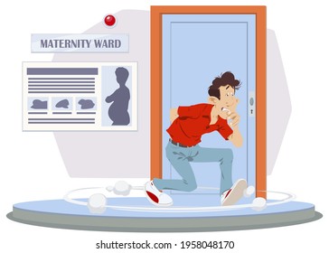 Man At Door Of Medical Facility. Maternity Ward. Healthcare And Medicine. Illustration Concept For Mobile Website And Internet Development.