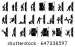 Man and Door Pictogram. Cliparts depict various actions of a man with a door. 