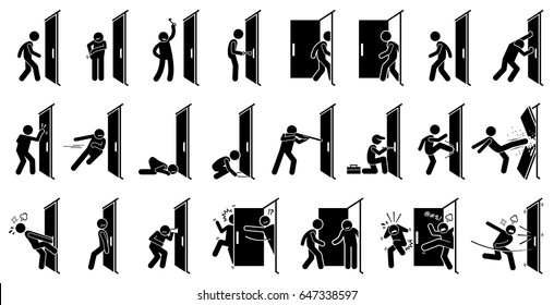 Man and Door Pictogram. Cliparts depict various actions of a man with a door. 
