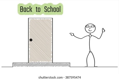 man and doors with Back to school on white background