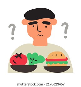 Man doubt. Choose between healthy and unhealthy food. Vector hand drawn illustration.