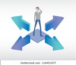 Man in doubt choosing the best way to solve a problem. Business solution concept vector illustration.