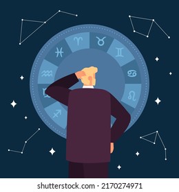 Man in doubt looking at circle with twelve zodiac signs. Person studying mystic horoscope by date of birth flat vector illustration. Astrology concept for banner, website design or landing web page