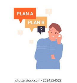 Man in doubt thinking about plan A and B, brainstorming solutions vector illustration