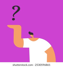 Man in doubt, uncertainty. Choice, dilemma, decision making concept. Decision, choosing between options, asking questions, requests. Flat vector illustration.