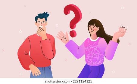 Man and doubting woman with question mark. choose solution. People solve problem. I do not know. Concept Frequently asked questions or FAQs. Vector flat design illustration.