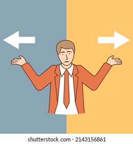 Man doubts. Making decision concept. Decide direction, arrows right left. Uncertain man before a difficult choice. Vector illustration flat design. Isolated on white background.
