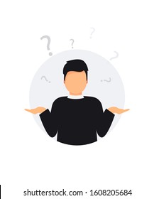 Man doubts. Oops. Sorry. Guy with a question mark. Search solution. I don't know. Man shrugging shoulders, shows helplessly question gesture, spread his hands, he does not know what to do.