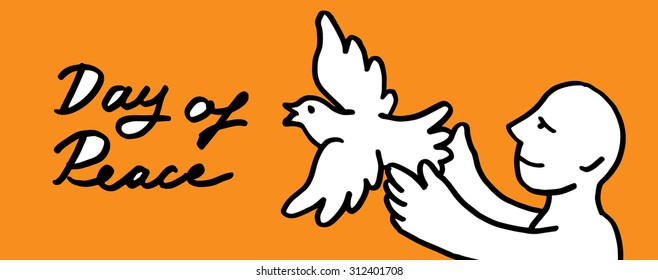 Man with dove. International day of peace. Doodle vector illustration