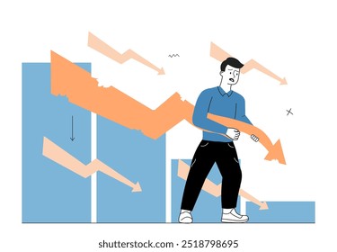 Homem com a queda da companhia. Jovem segurando flecha caindo. Empresário e investidor, comerciante. Economia e comércio, investimento. Ilustração de vetor linear isolada no plano de fundo branco