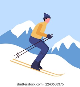 Man downhill skiing in flat design vector illustration.