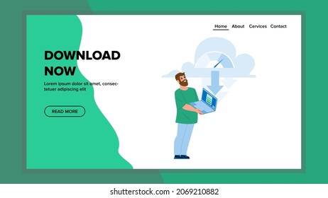 Man Download Now Files From Cloud Storage Vector. Man Technology User Online Download Now Digital Document And Media From Internet With High Speed. Character Web Flat Cartoon Illustration