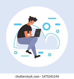 man downloading content from cloud guy using laptop online data synchronization database computing technology storage concept flat full length