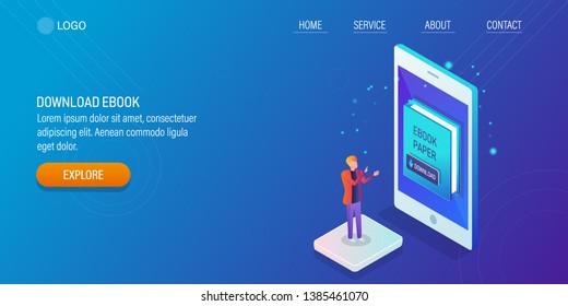 Man downloading e-book from mobile, Reading app, Reading e-book on smartphone, 3D, isometric vector banner with character