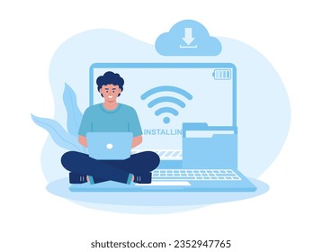 man is downloading files and installing software on laptop trending concept flat illustration