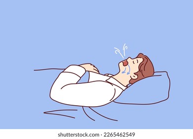 Man dozing on back in bed snores and has problems during obstructive sleep apnea. Guy suffering from obstructive sleep apnea with arrows on face pointing to airways that promote snoring