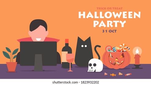Man in Dracula costume using internet on computer to connect with friends online to celebrate Halloween festival at home, flat vector banner illustration