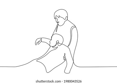 man dragging another man by the armpits - one line drawing. the concept of helping or rescuing, pulling a drowned man out of the water, losing consciousness in someone else's hands