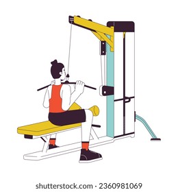 Man dragging bar down on lat pulldown machine flat line color vector character. Editable outline full body person on white. Fitness enthusiast simple cartoon spot illustration for web graphic design