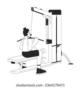 Man dragging bar down on lat pulldown machine flat line black white vector character. Editable outline full body person. Fitness enthusiast simple cartoon isolated spot illustration for web design