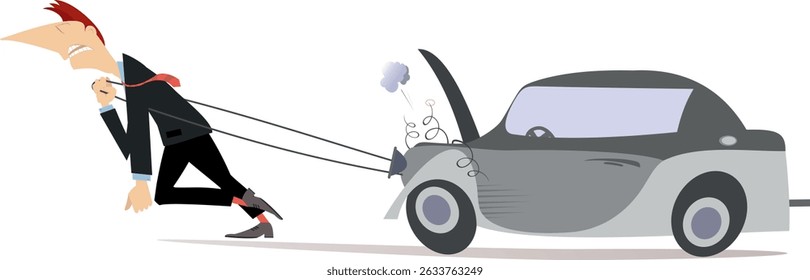 Homem arrastando um carro quebrado. 
Acidente de estrada. Homem cansado com um grande esforço arrastando um carro quebrado
