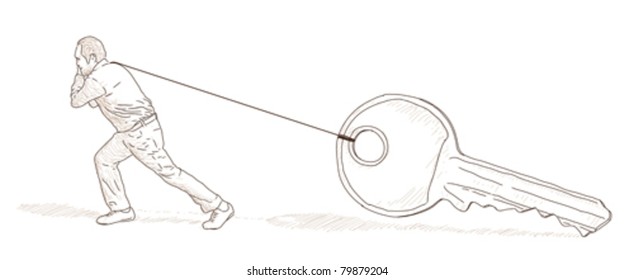 Man dragging a heavy key with a rope
